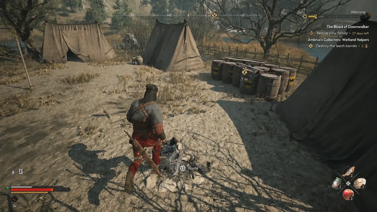 The L3 interaction prompt appearing over a downed enemy beside the wetland camp