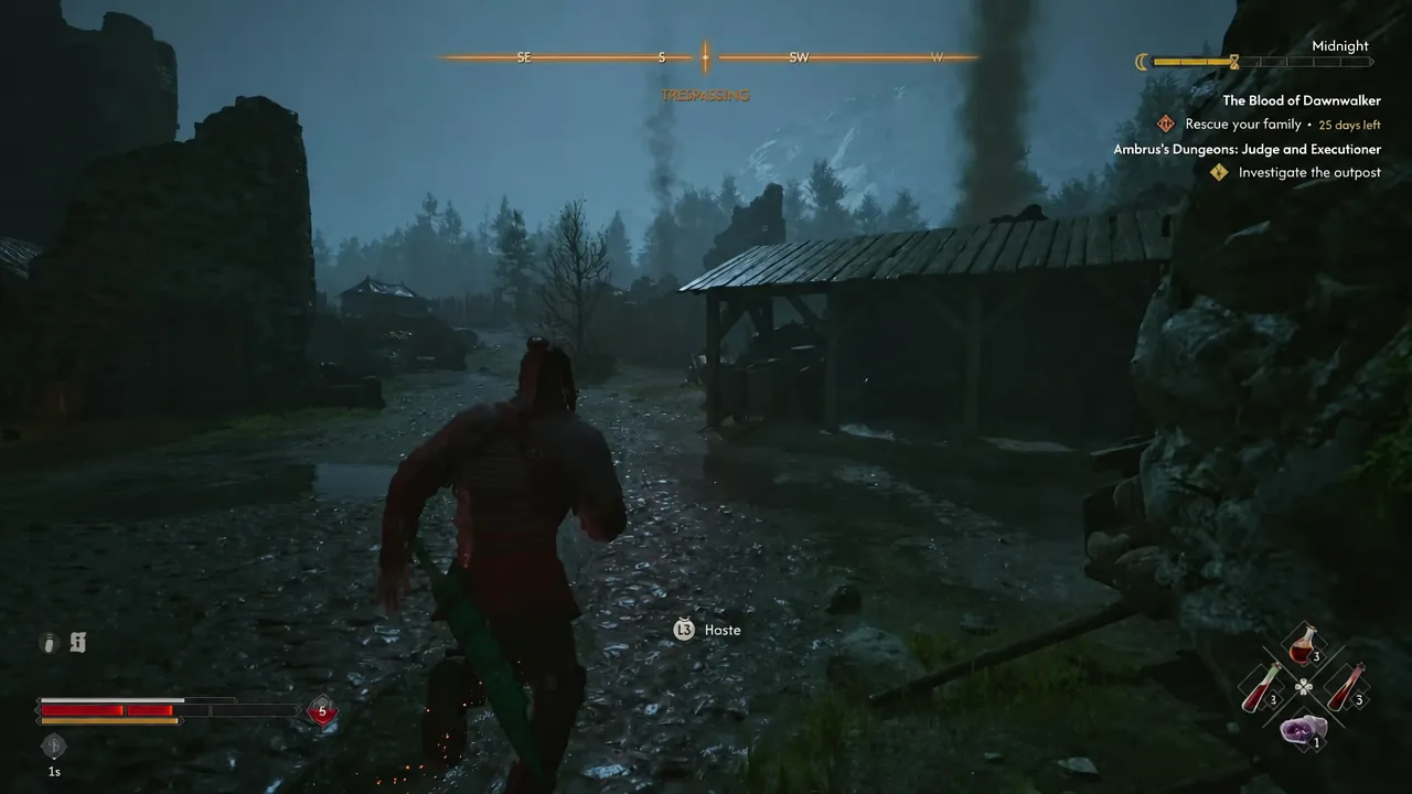 Coen moving through the outpost settlement with an on-screen interaction prompt visible