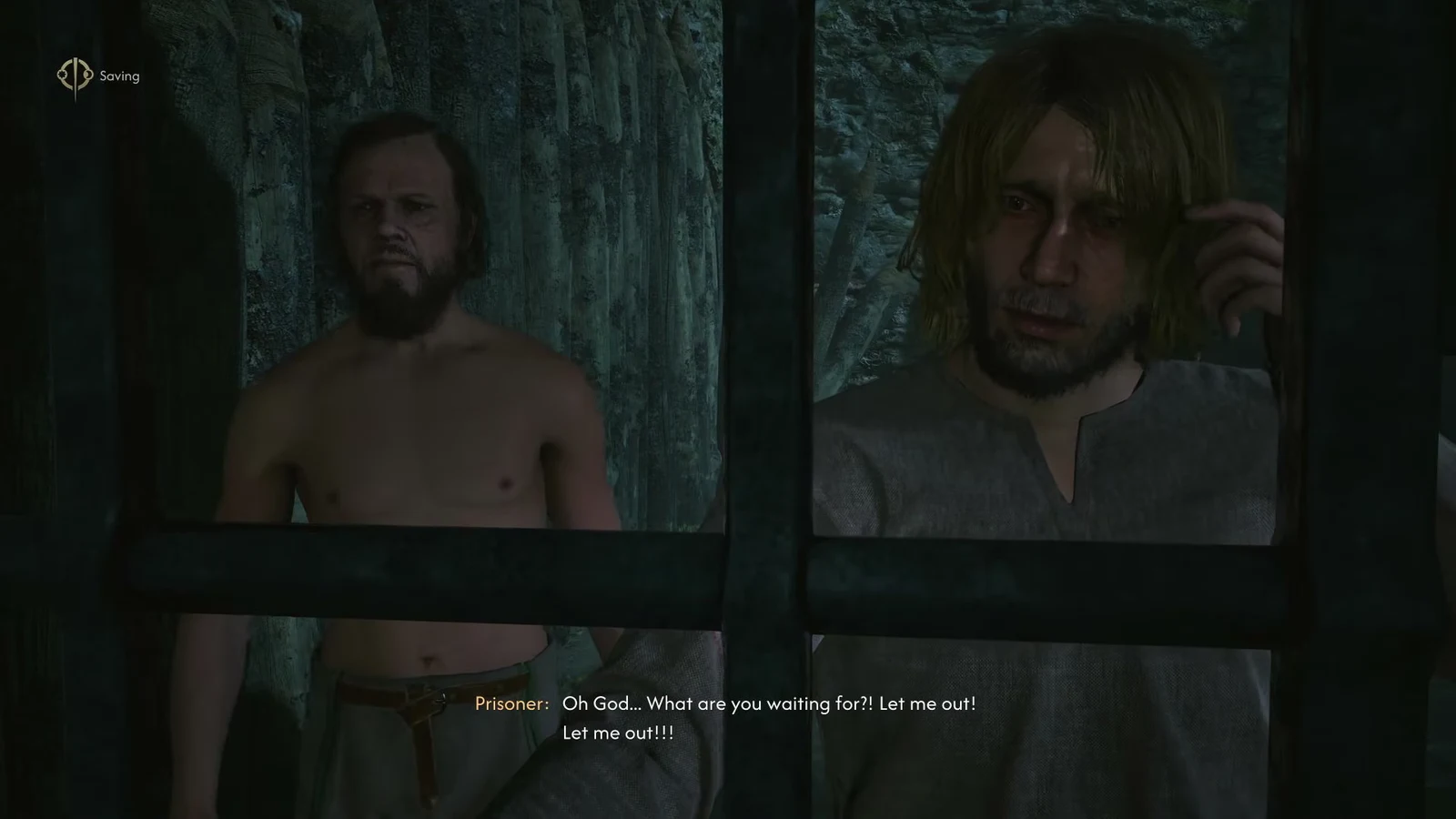 Cutscene of a prisoner behind the cell gate begging Coen to be released