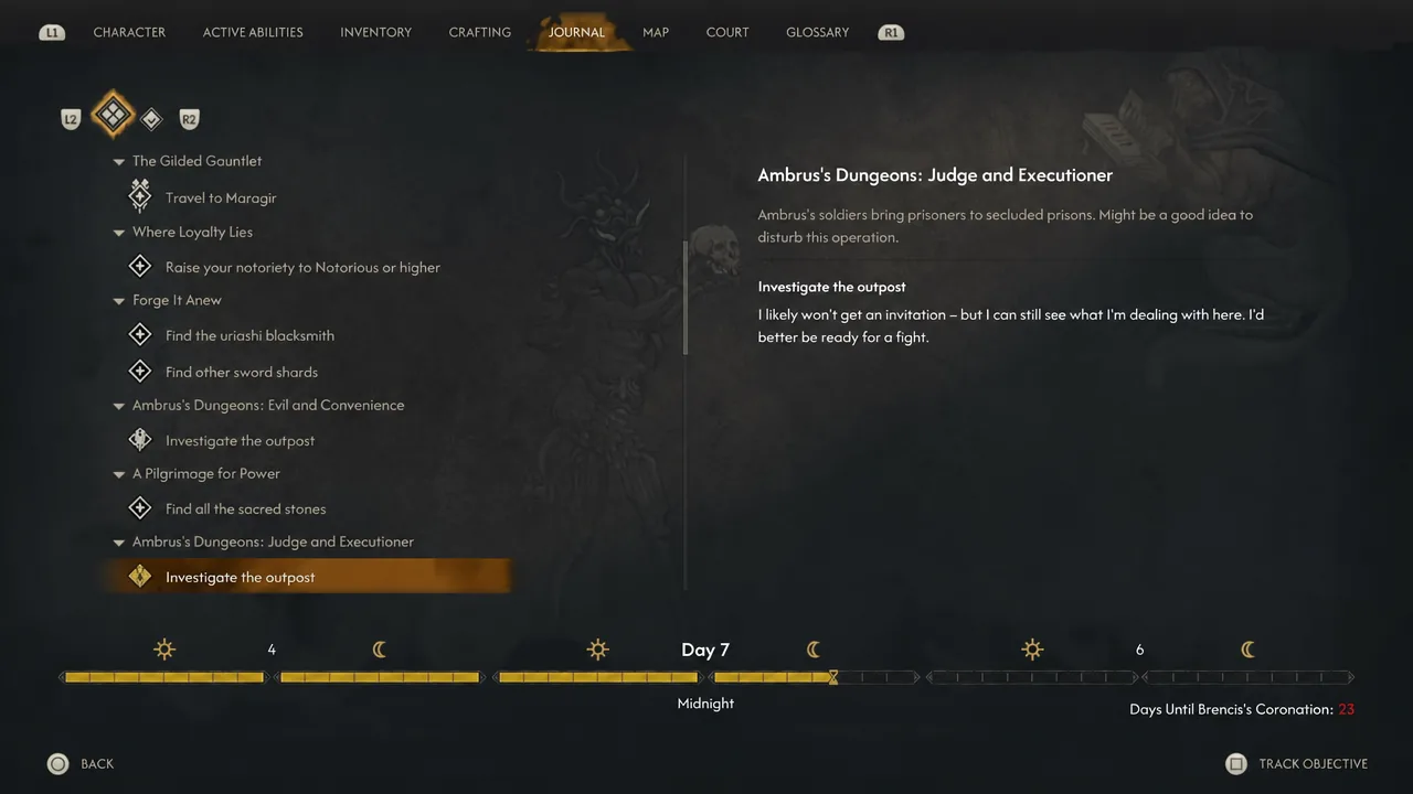 Journal entry for Ambrus's Dungeons: Judge and Executioner with the Investigate the outpost objective active