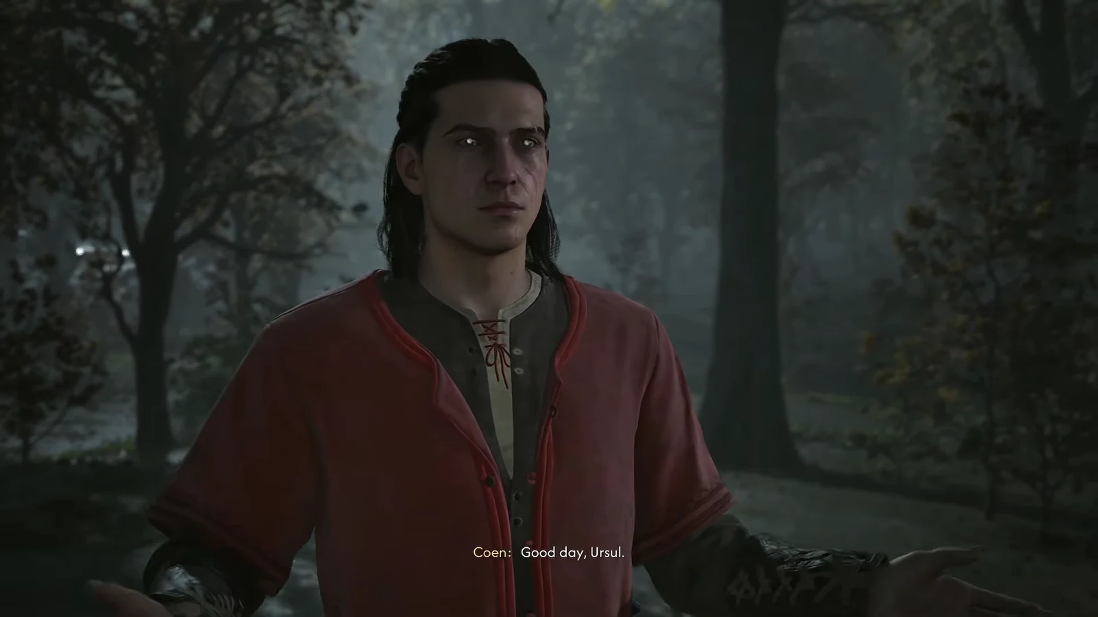Cinematic dialogue with Ursul in a misty forest, subtitle reading Good day, Ursul