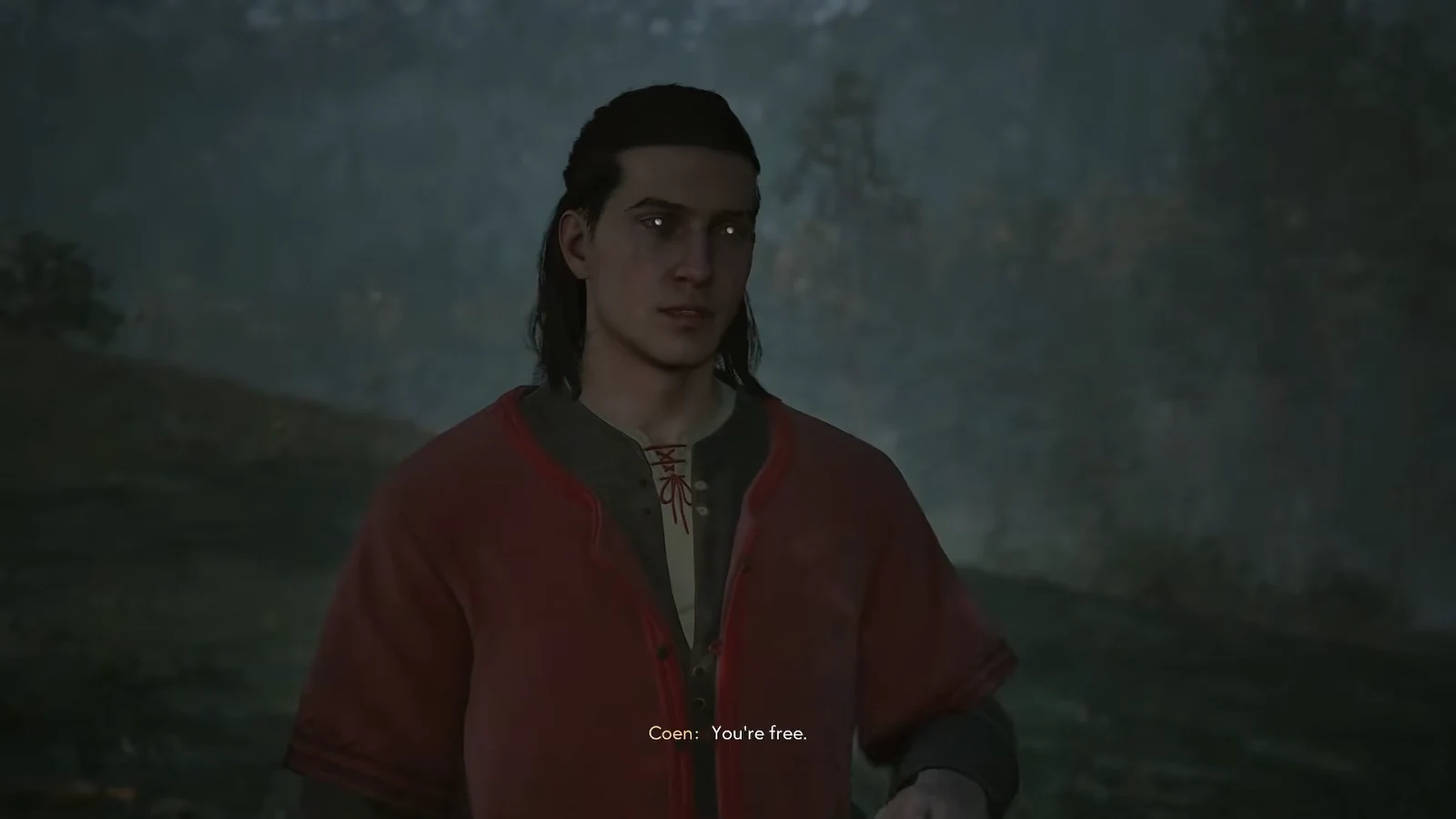 Dialogue scene after the ambush with the subtitle You're free displayed on screen