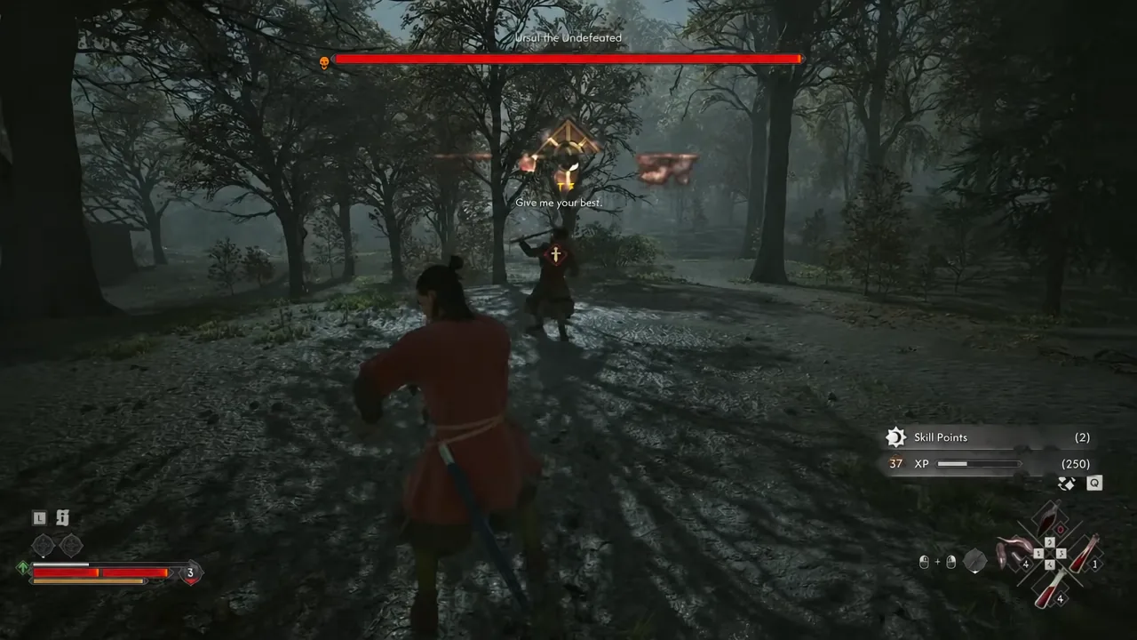 Sword duel against Ursul the Undefeated at his woodland camp