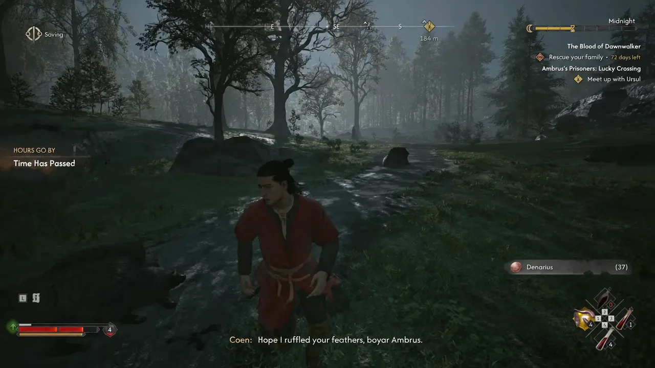 Coen running through forest with the Ambrus's Prisoners: Lucky Crossing objective in the quest tracker