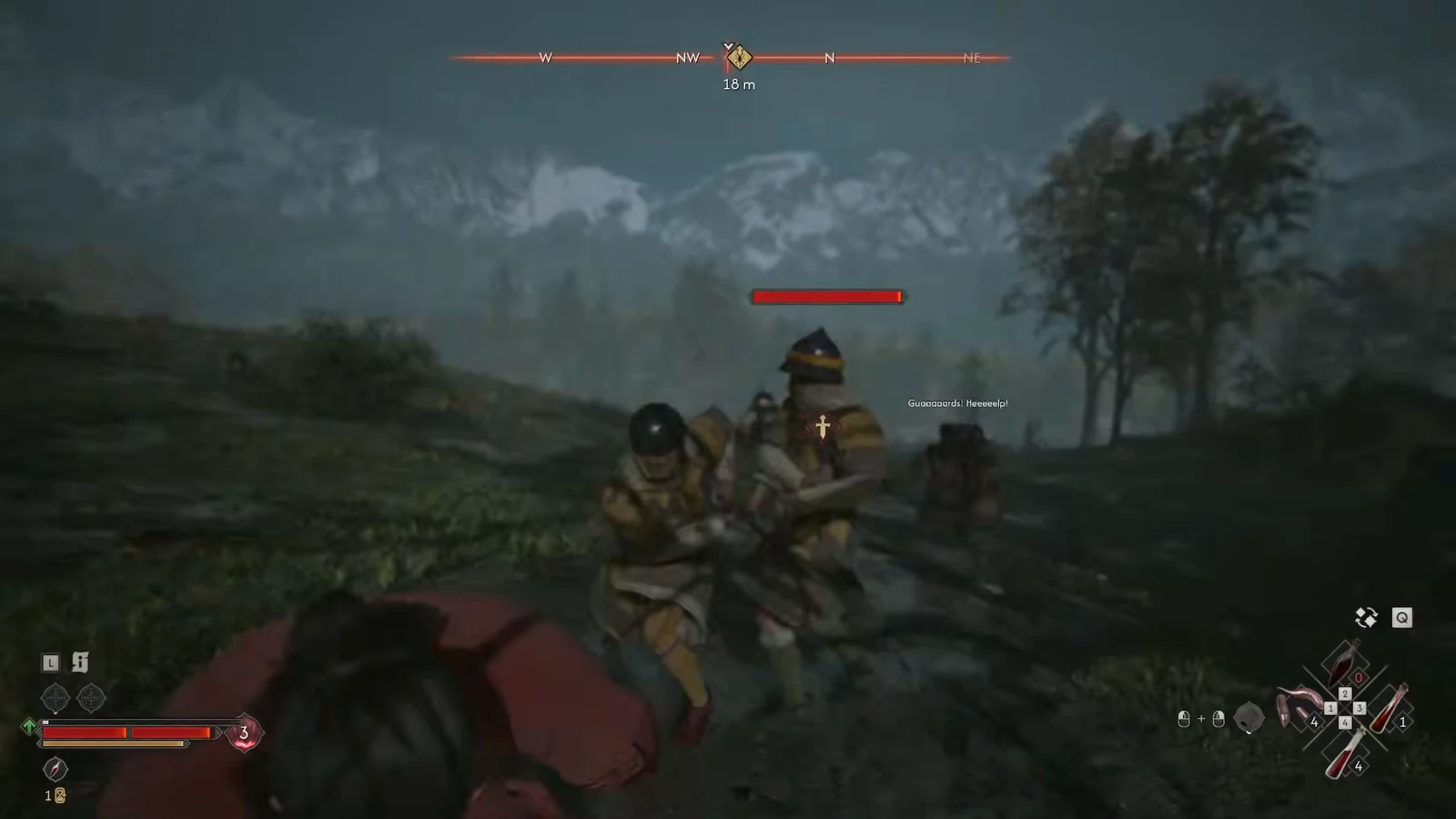 Coen fights a mounted armored guard at close range with the enemy health bar on screen