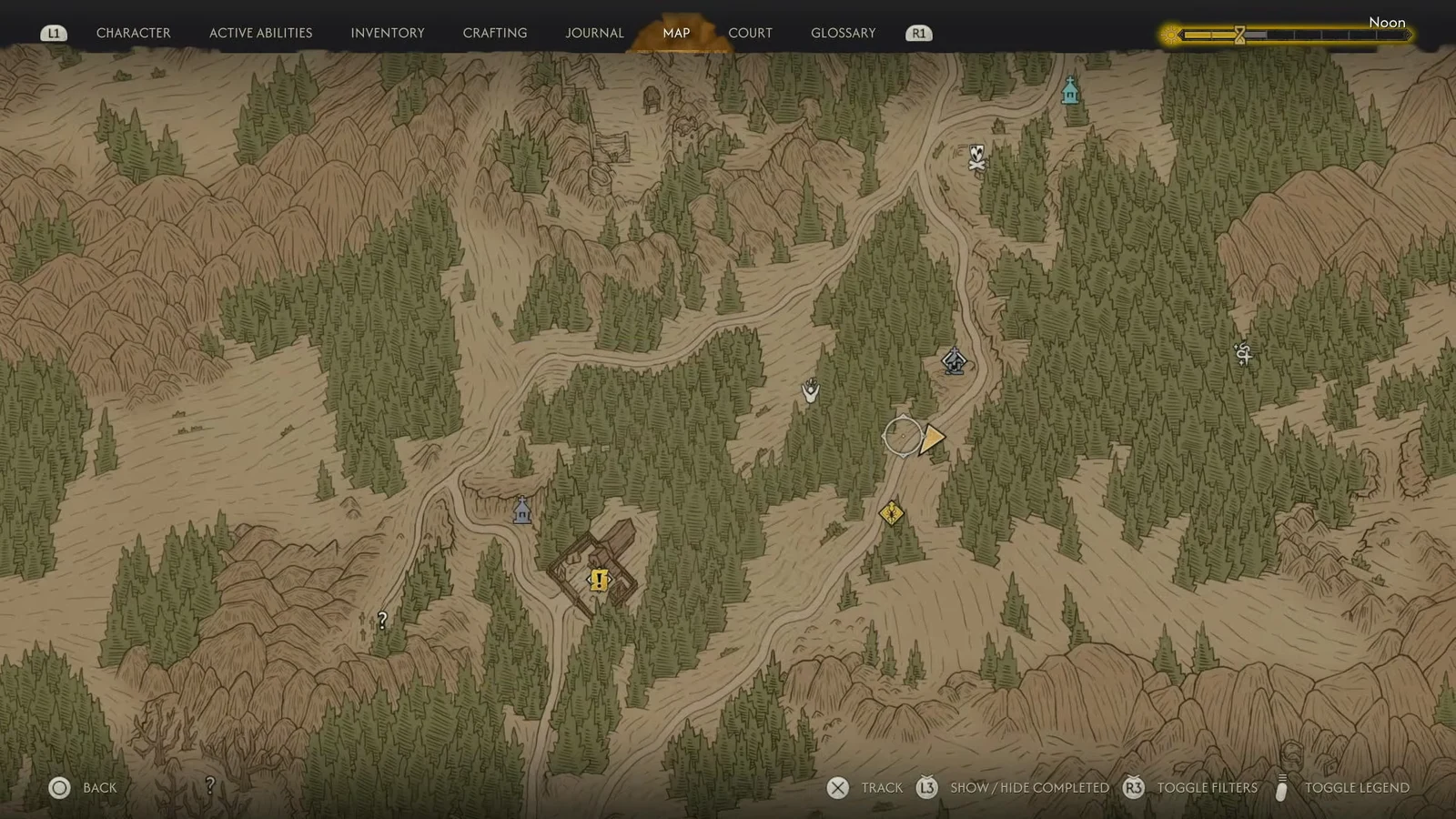 Map screen with the intercept objective tracked along a forest road in Vale Sangora