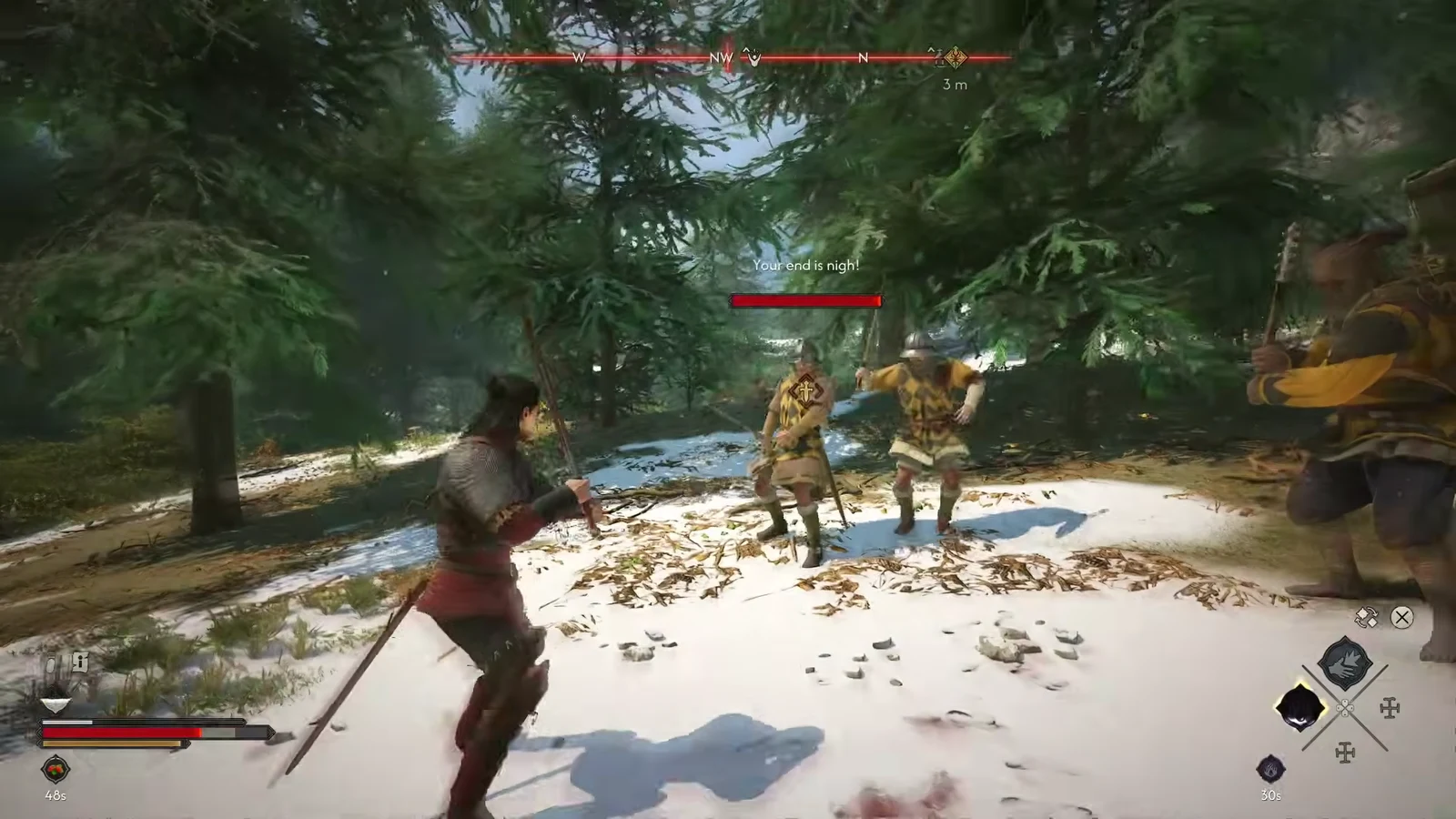 Coen fighting several of Ambrus's guards on a snowy forest path
