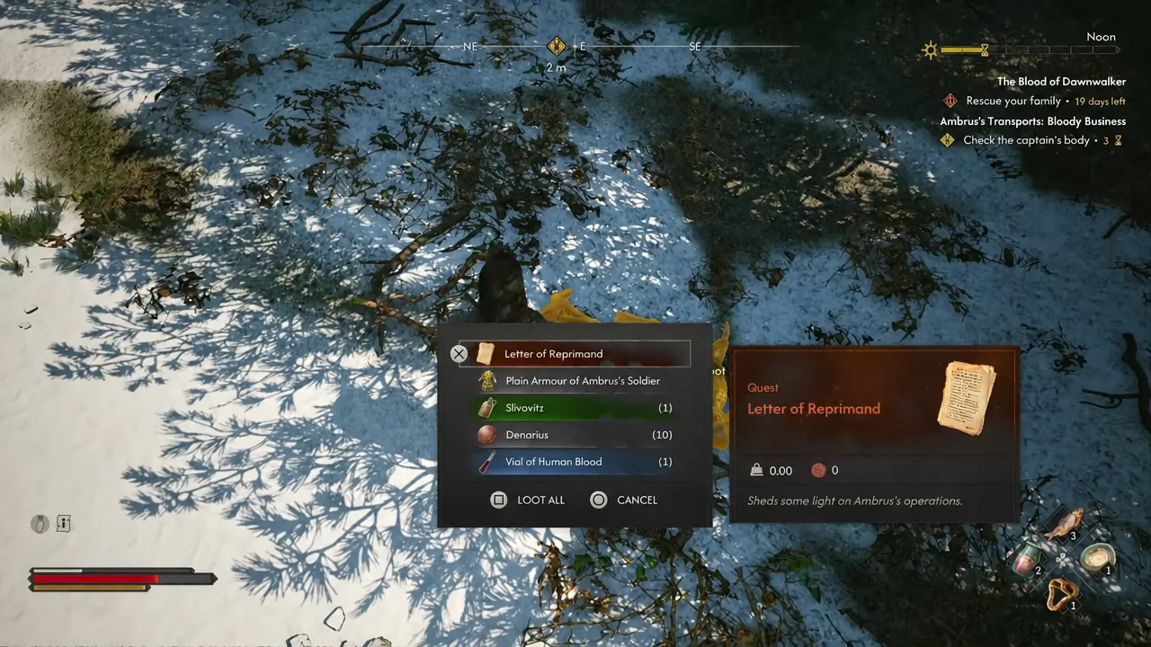 Loot window on Makar's body with the Letter of Reprimand highlighted