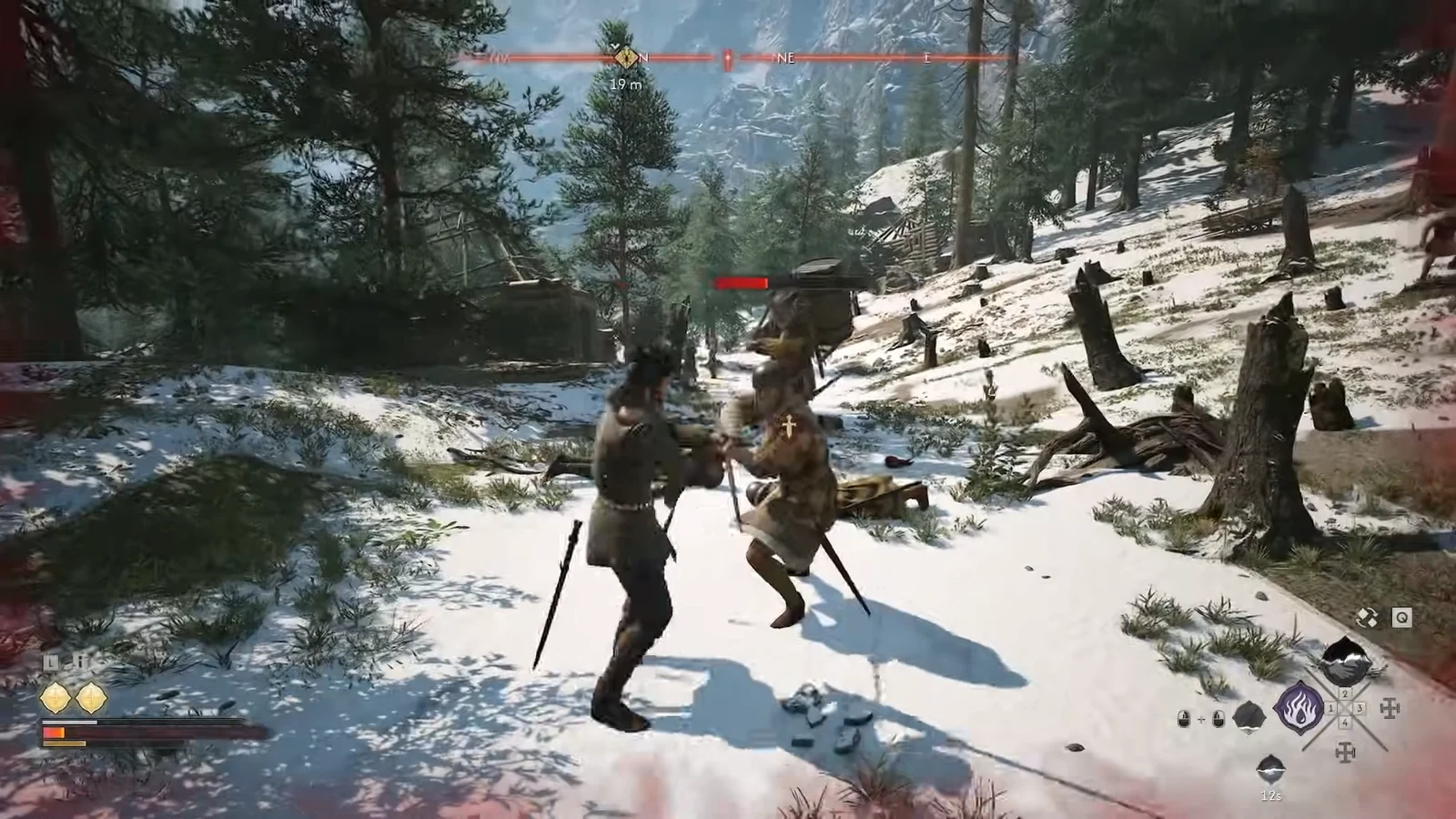 Close-quarters exchange with a shield-carrying guard during the transport ambush