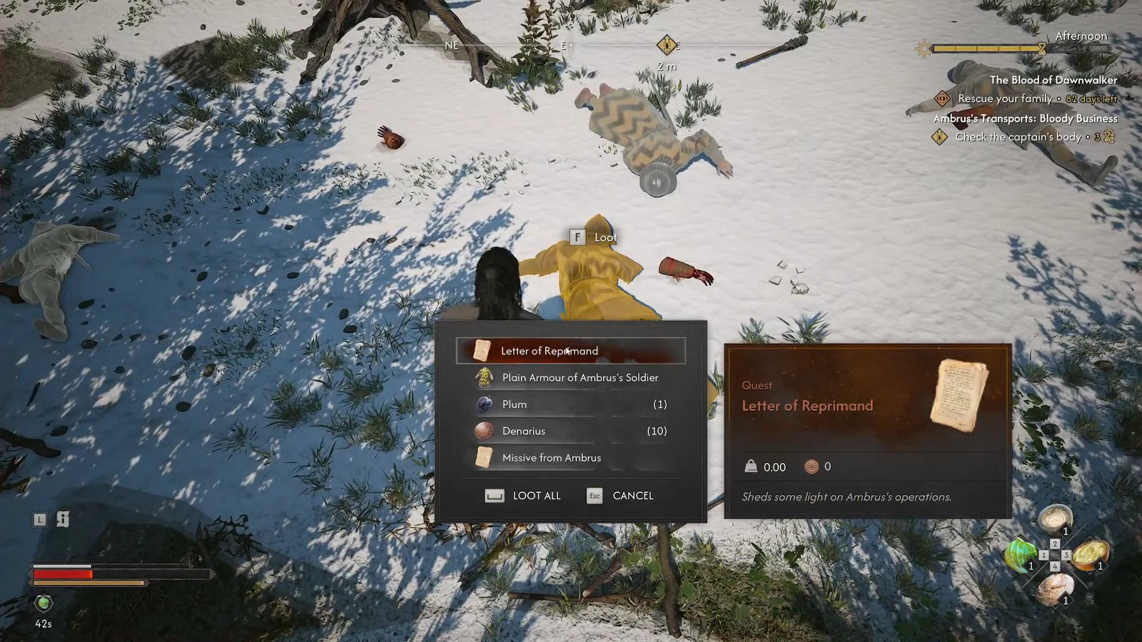 Loot window open on the fallen captain with the Letter of Reprimand quest item listed
