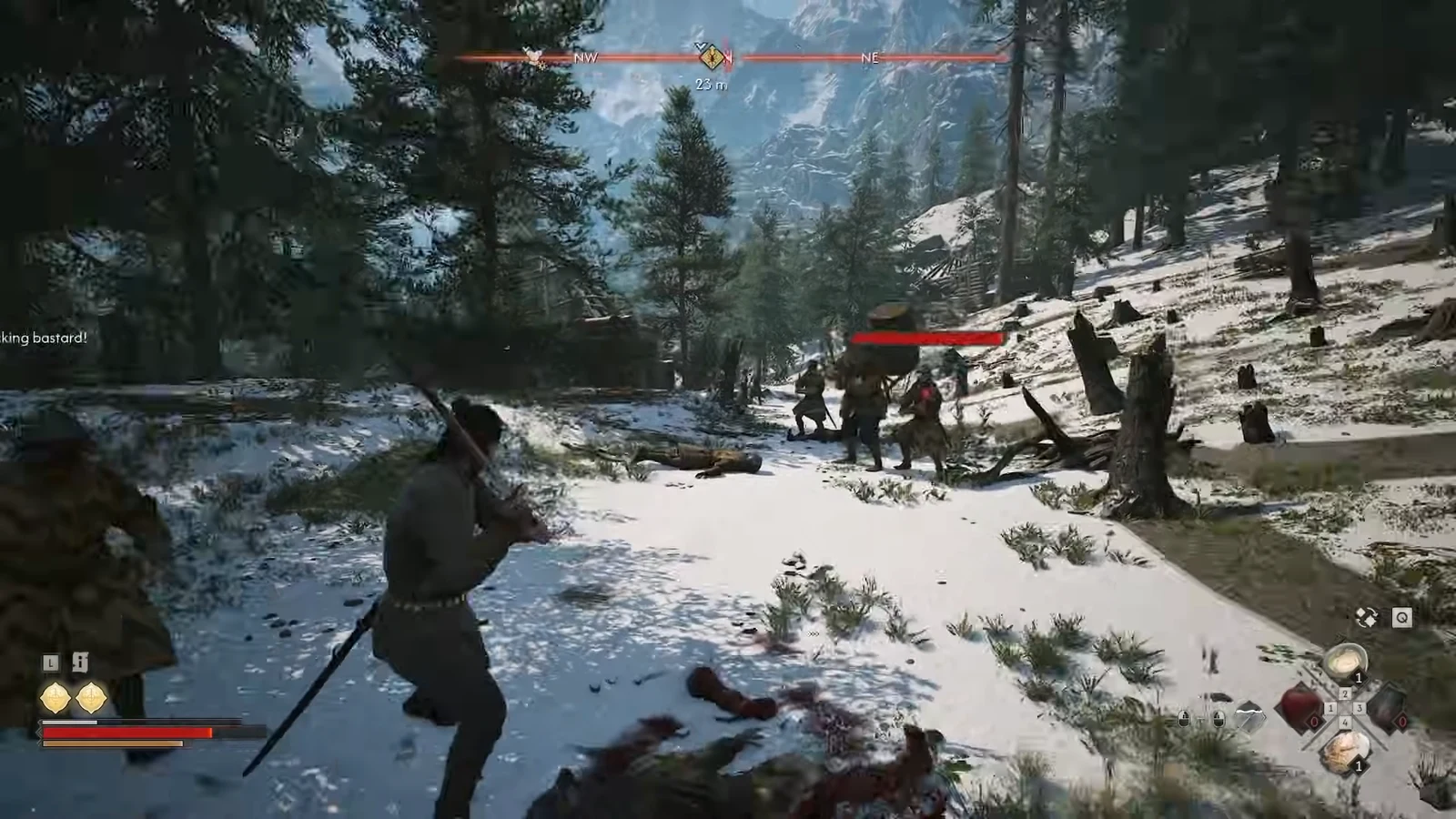 Coen locking on to a transport guard in a snowy forest with a red health bar overhead