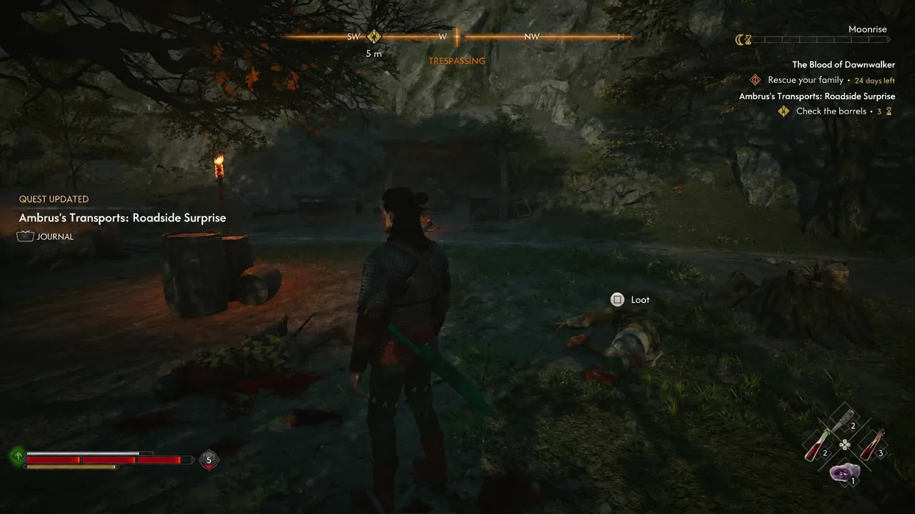 A Loot prompt hovers over a dead guard in the camp after the fight ends.