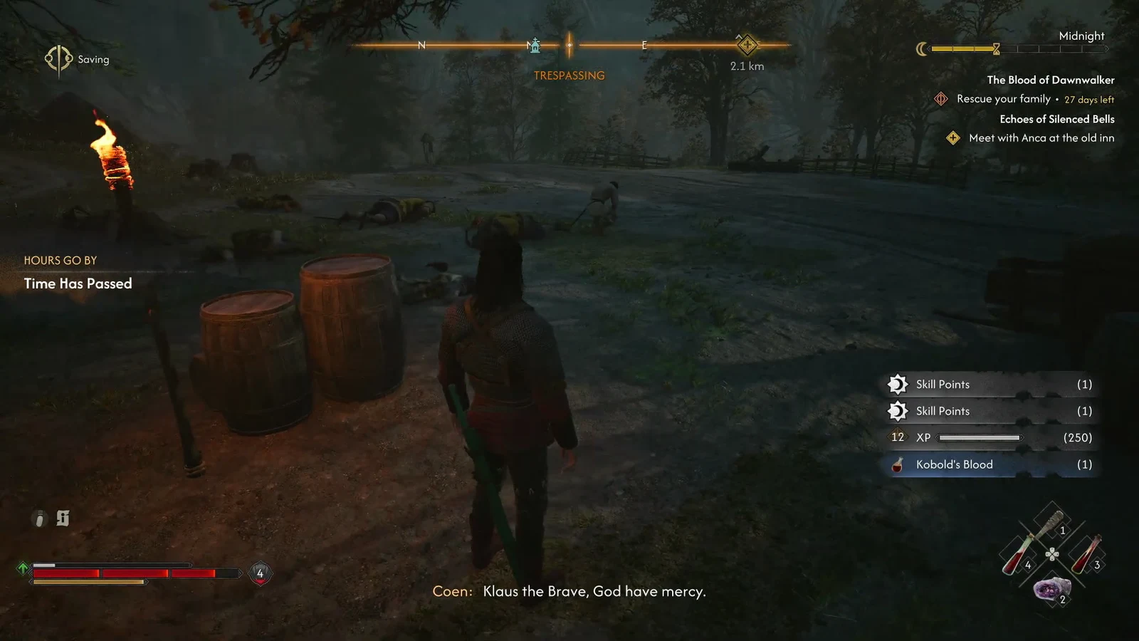 The Time Has Passed notification appears on screen as the game autosaves after the quest ends.