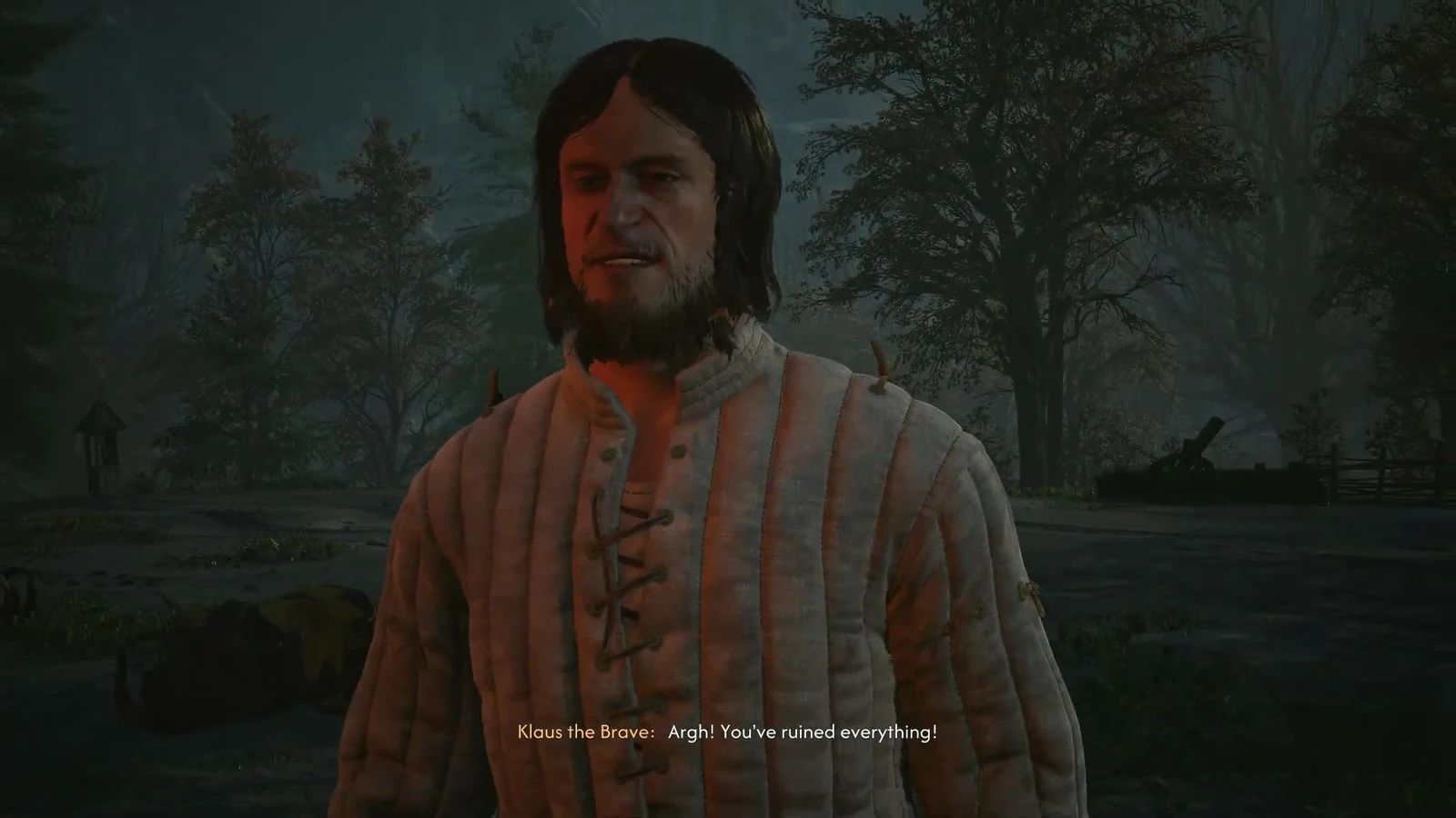 Klaus the Brave shouts at Coen during the barrel cutscene, accusing him of ruining everything.