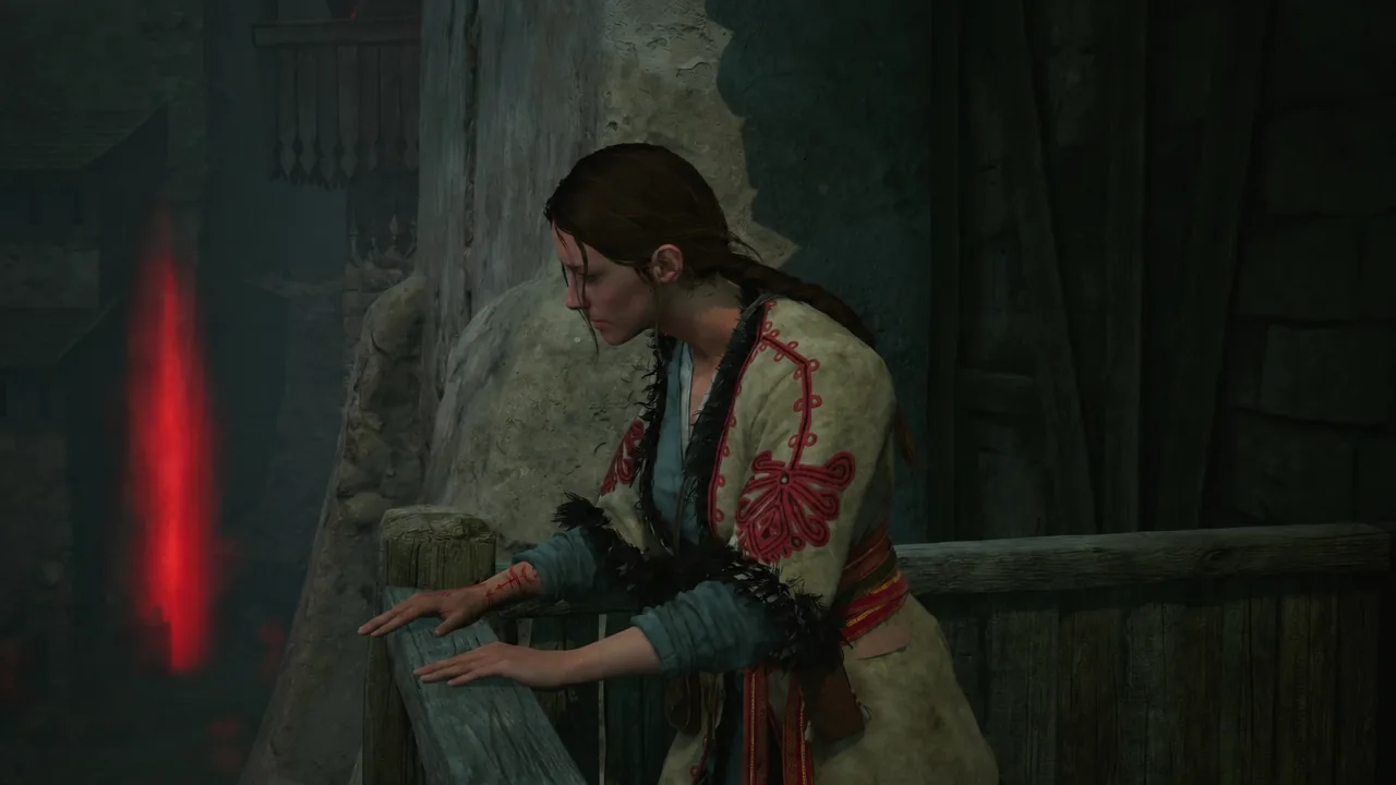 Character leaning over a wooden railing above the dark interior of the convent