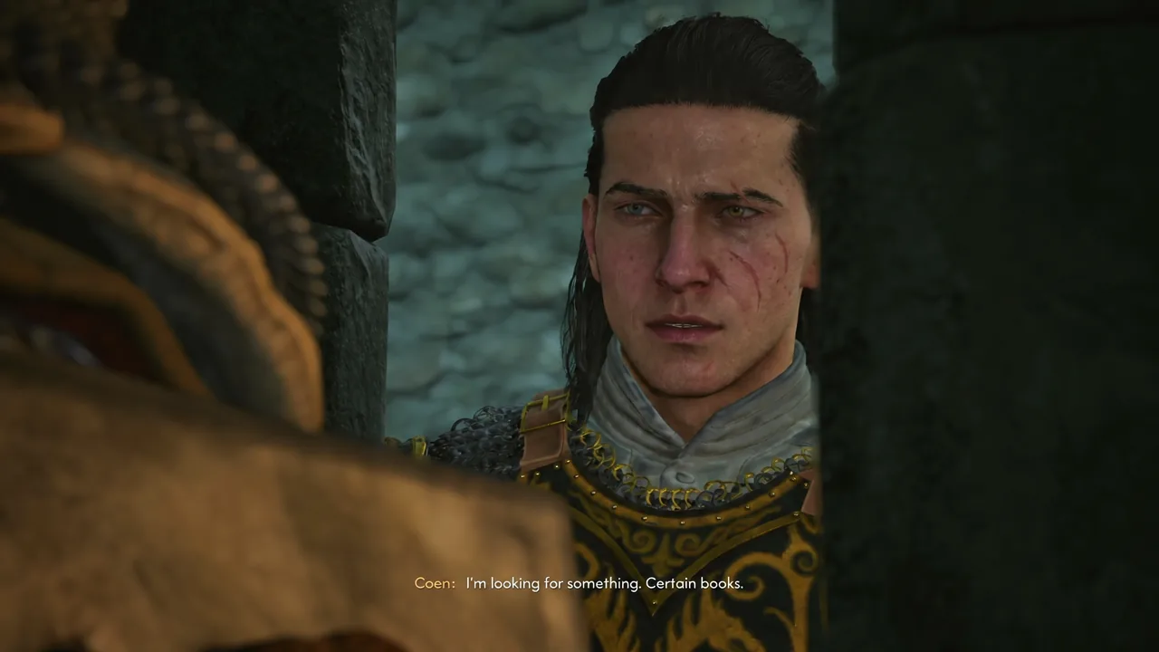 Coen telling a soldier he is looking for certain books during the infirmary conversation