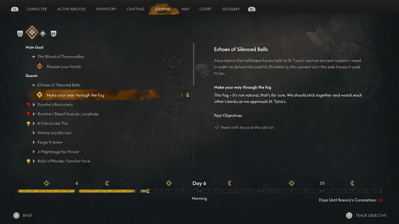 Journal entry for Echoes of Silenced Bells with the objective to make your way through the fog