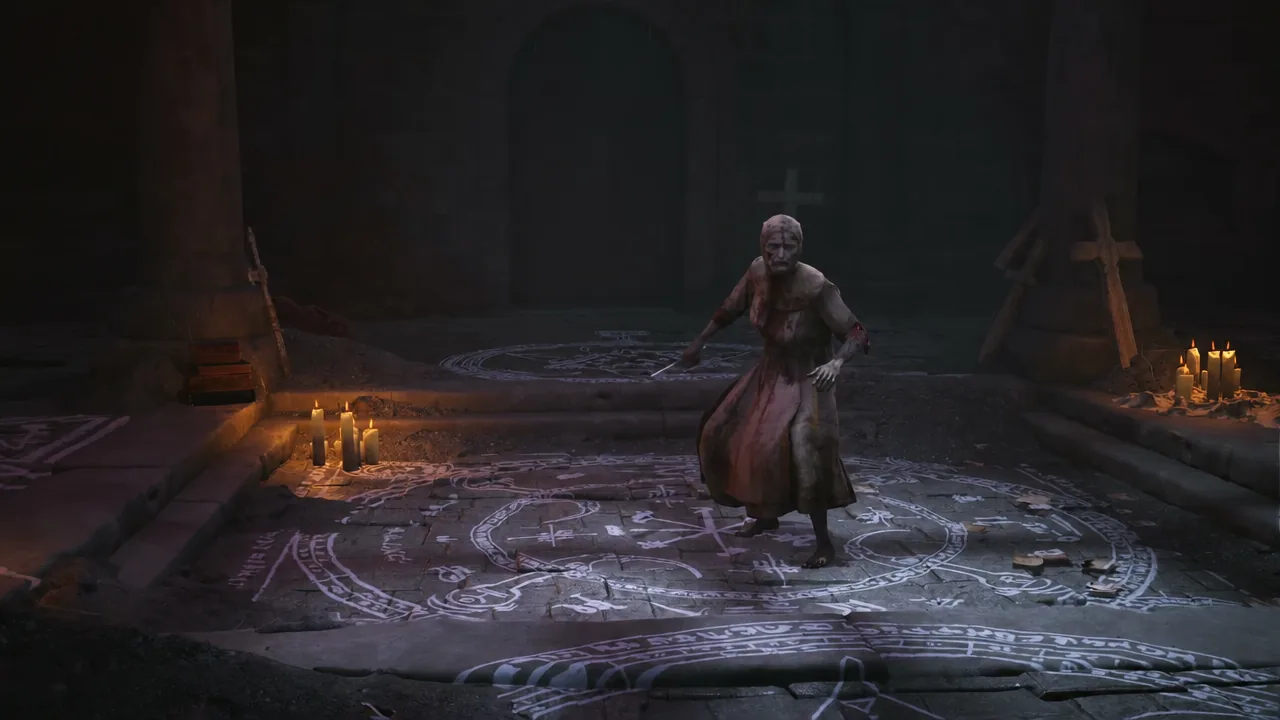 Hostile robed figure standing inside a chalk ritual circle beneath the convent