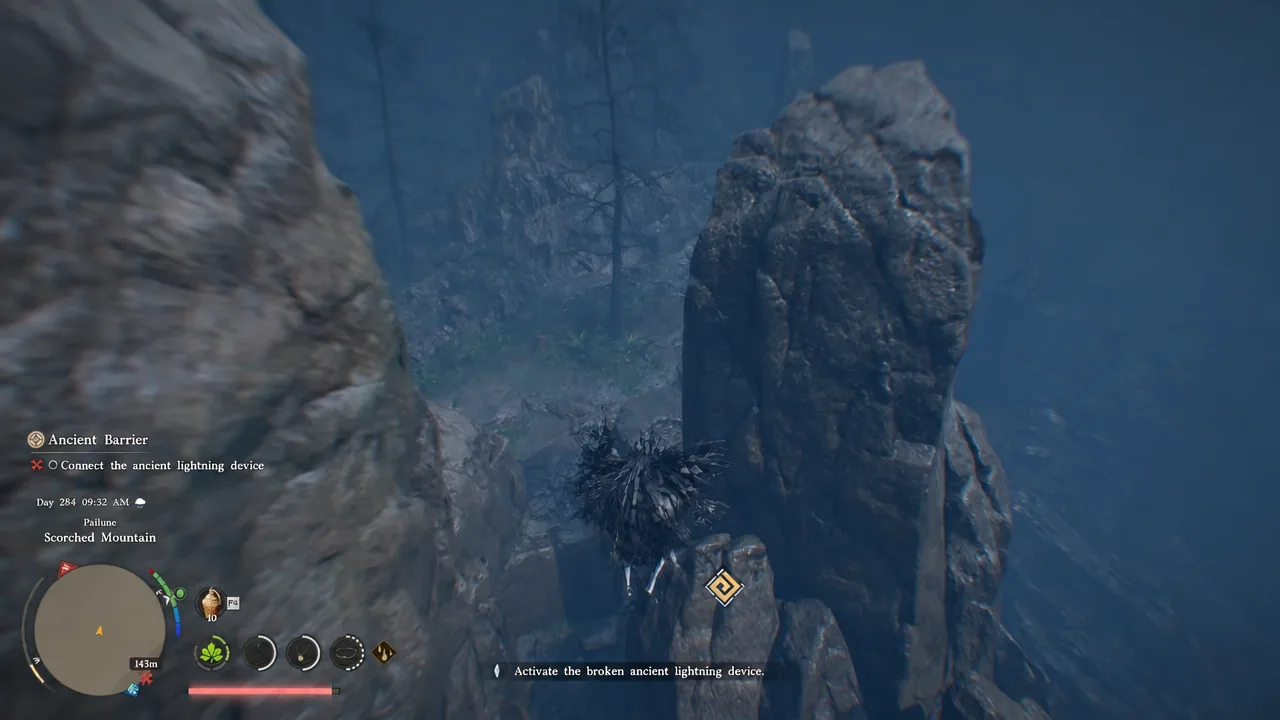Player gliding across Scorched Mountain toward a marked Coil Pillar in heavy fog
