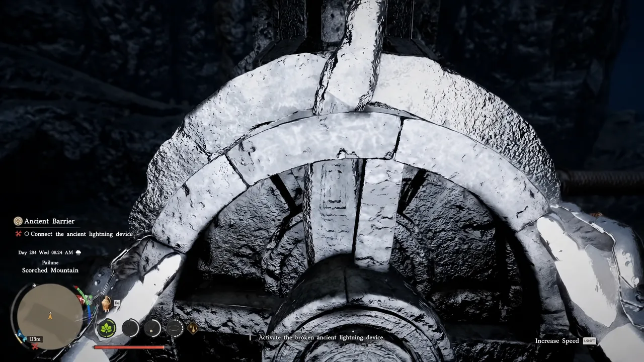 The central ancient lightning device on Scorched Mountain with the activation prompt on screen