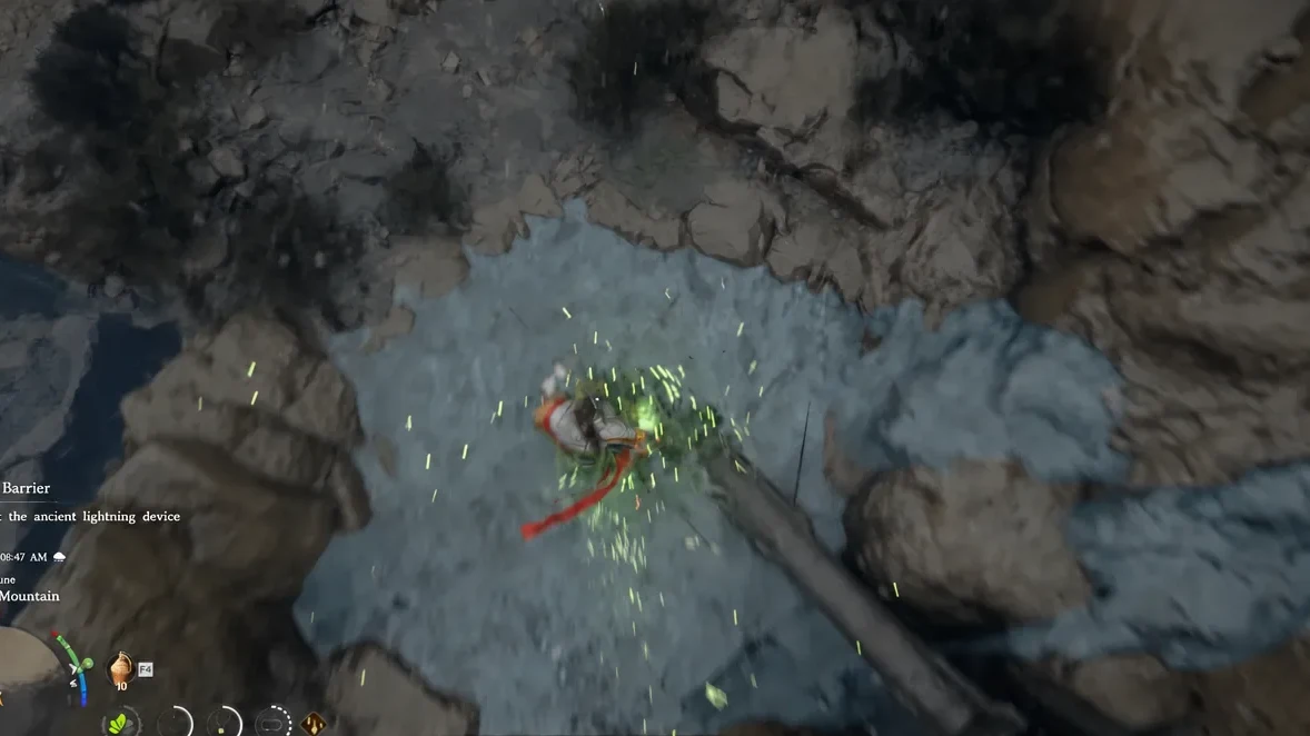 Kliff interacting with a Coil Pillar half-buried in snow high on the mountain