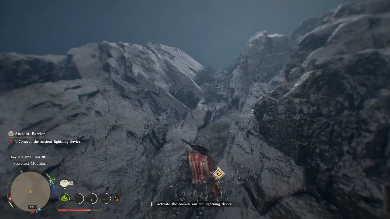 Quest objective on the HUD telling the player to activate the broken ancient lightning device
