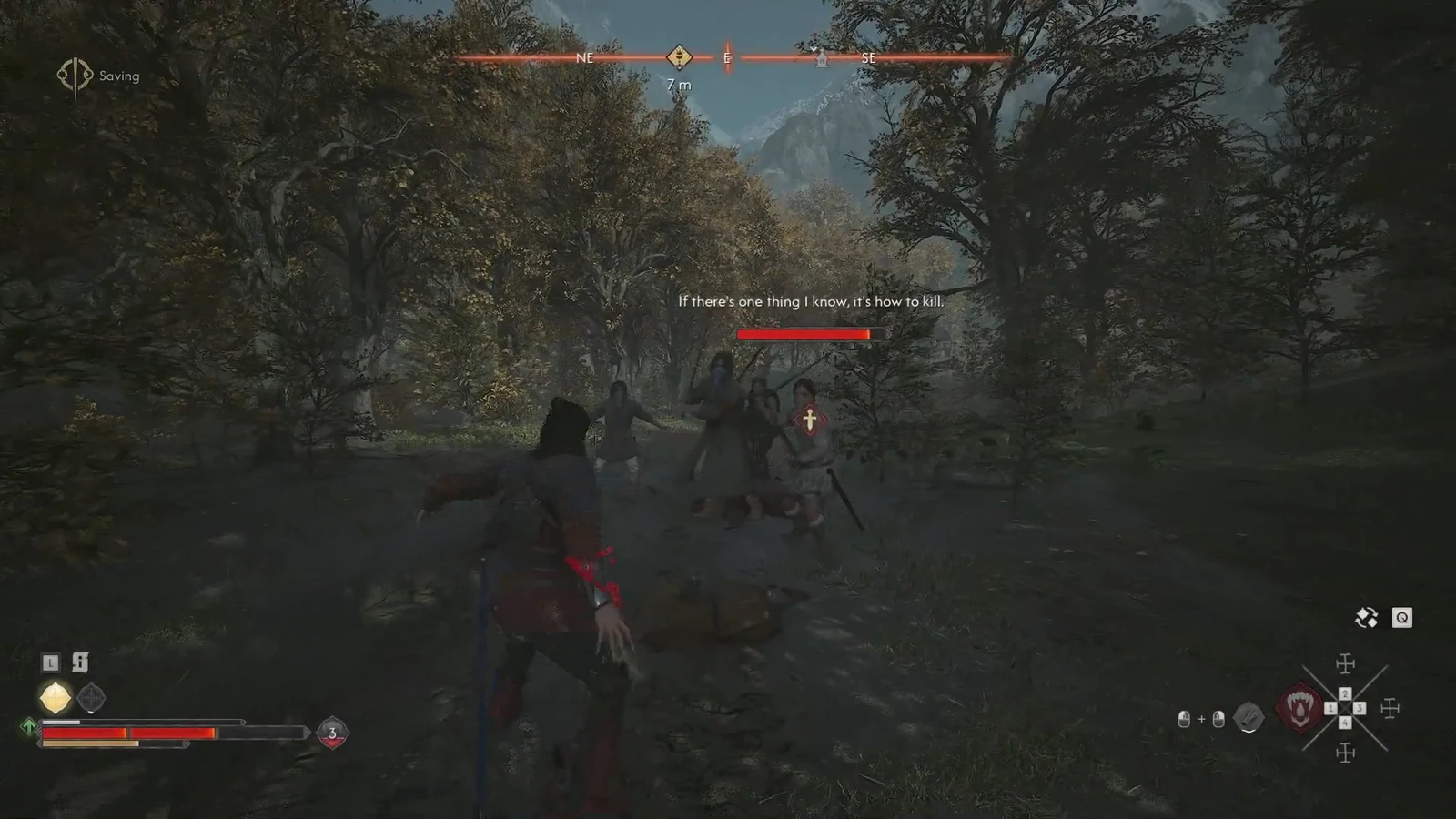 Coen striking a rogue in the forest with the enemy health bar visible above the target