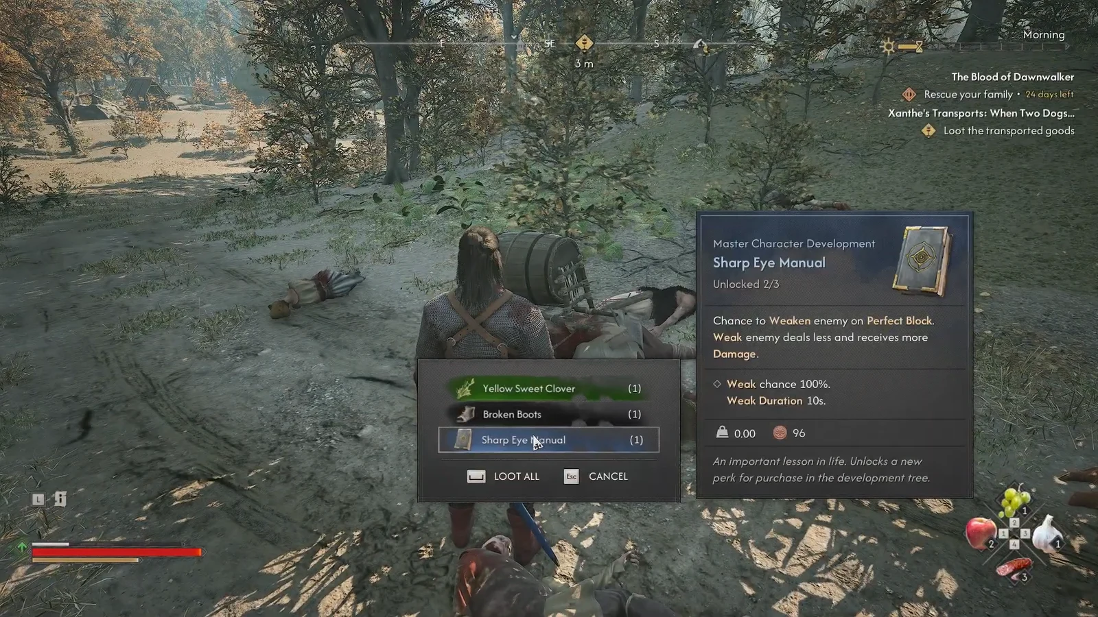Loot window showing the Sharp Eye Manual with Loot All and Cancel options