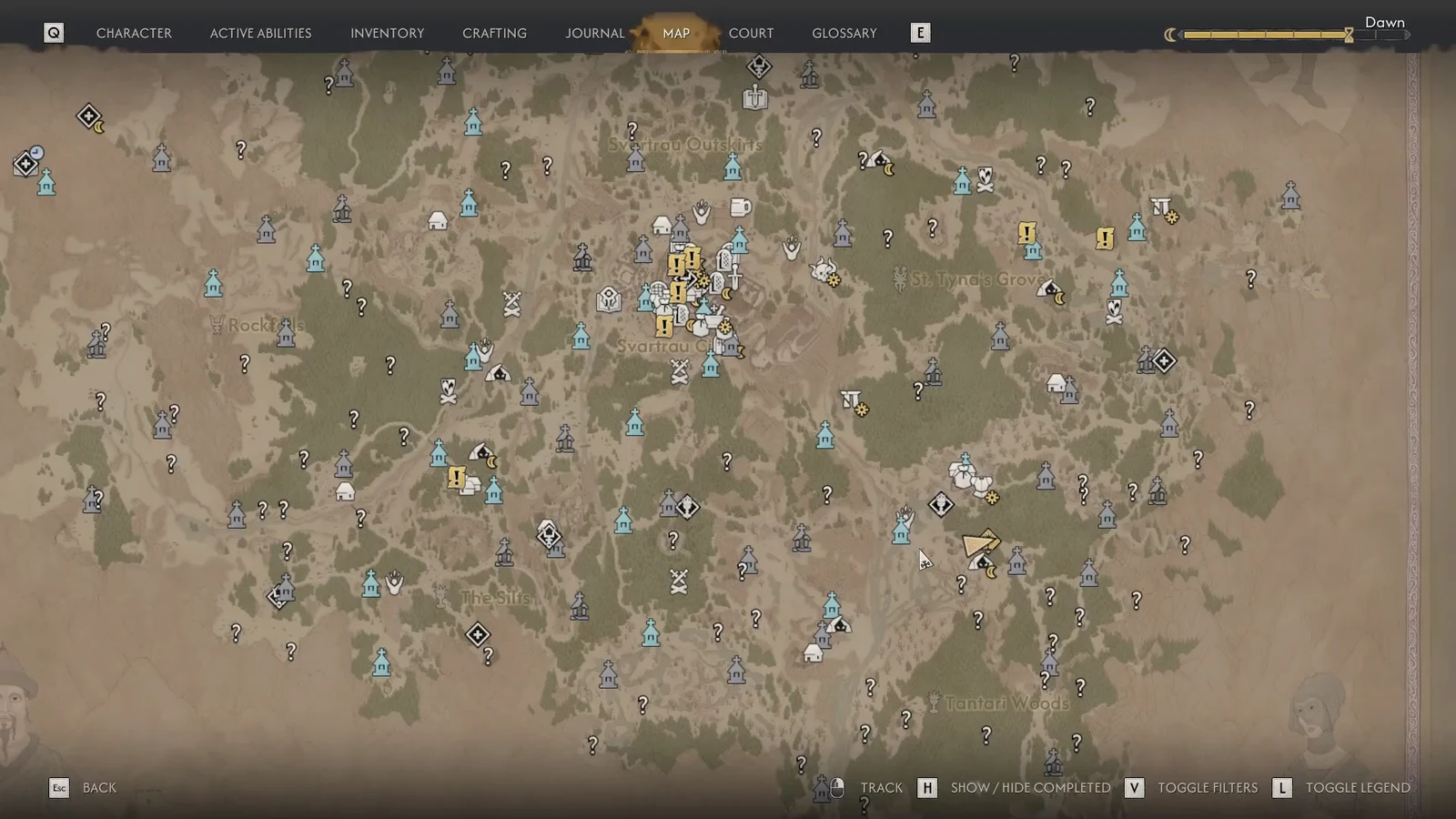 World map open in The Blood of Dawnwalker with quest markers and undiscovered points of interest