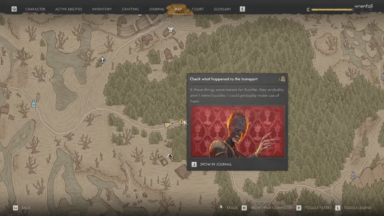 Map panel for the Check what happened to the transport objective with the Show in Journal option