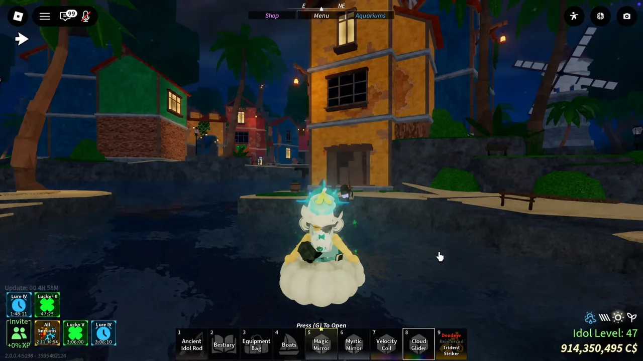 Cloud Glider selected in the hotbar with the G prompt while the player rides a cloud over the village