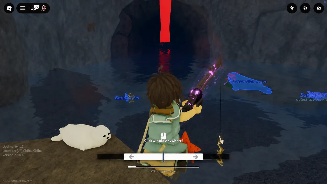 Fisch reeling minigame with the click and hold prompt and the directional balance bar mid-catch