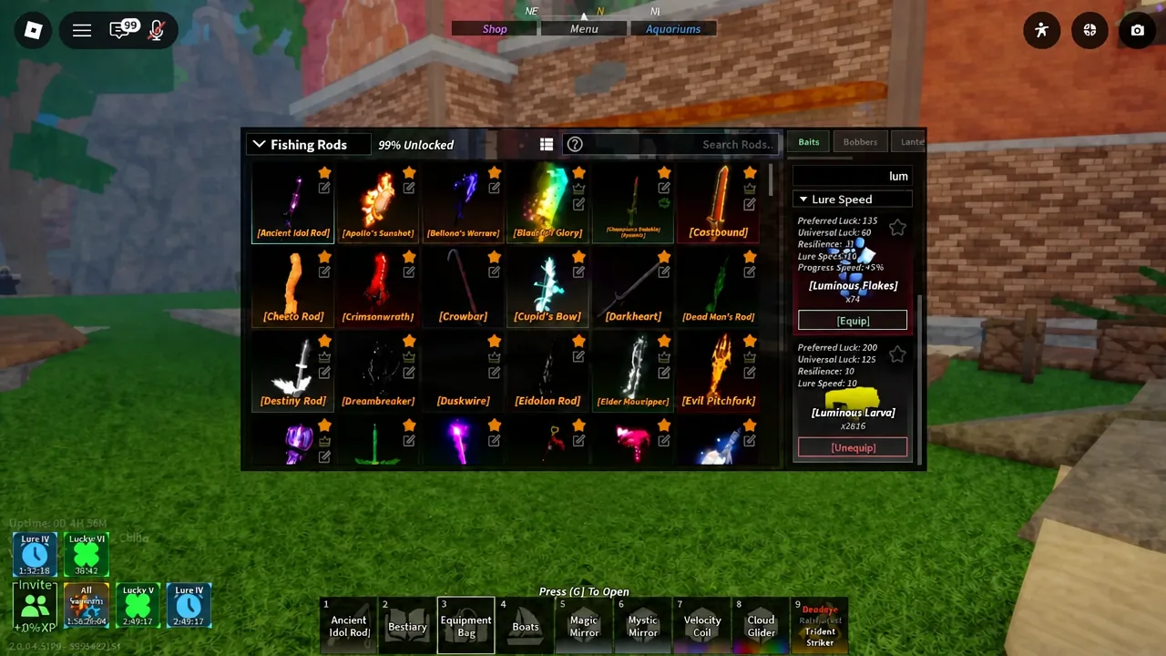 Fishing Rods inventory screen showing the Ancient Idol Rod stat card with Luck 165% and infinite Max Kg