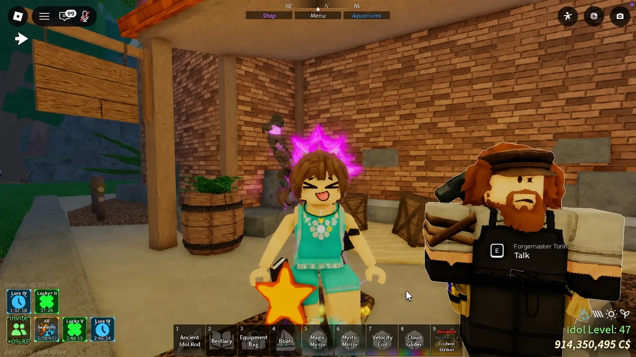 The E Talk interaction prompt appearing over Forgemaster Torin in the Skycrest settlement
