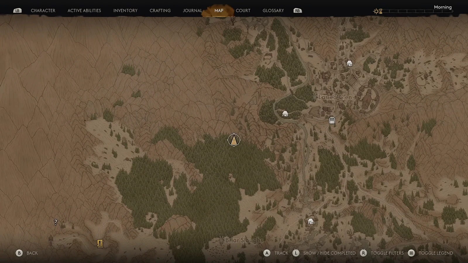 Map screen showing the player marker between Laslea Glen and Briar Slough