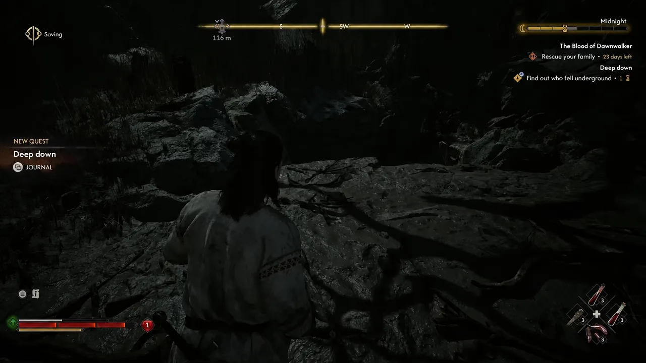 Journal screen adding the Deep down quest while the character stands inside the dark cavern