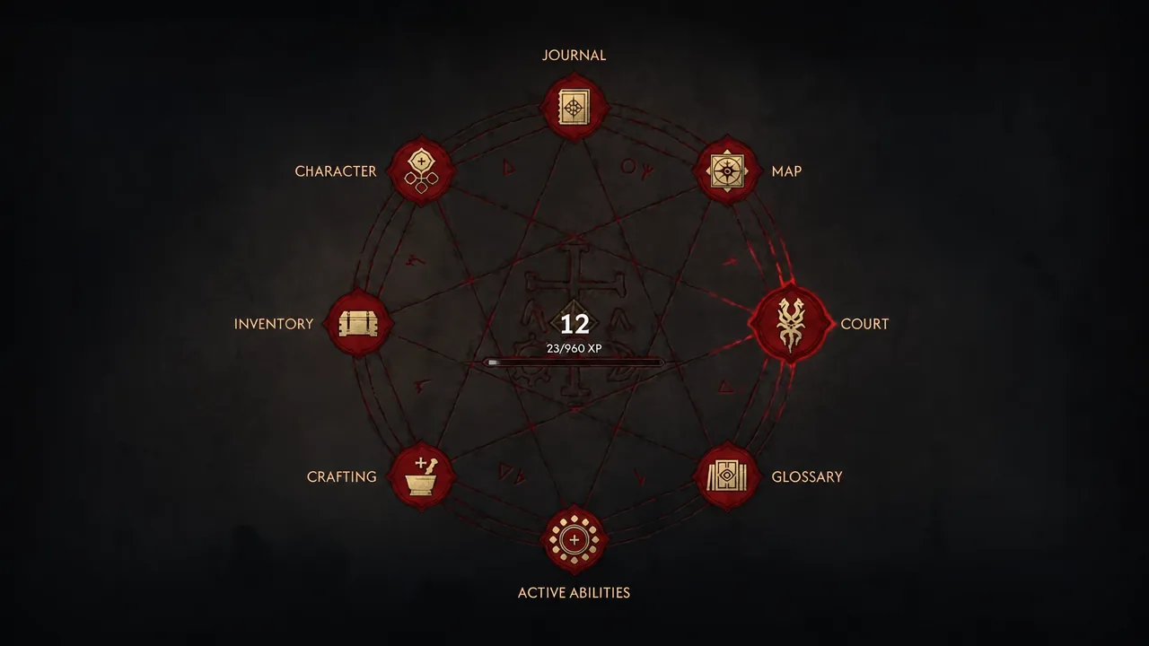Main menu open with the Court entry highlighted for selection