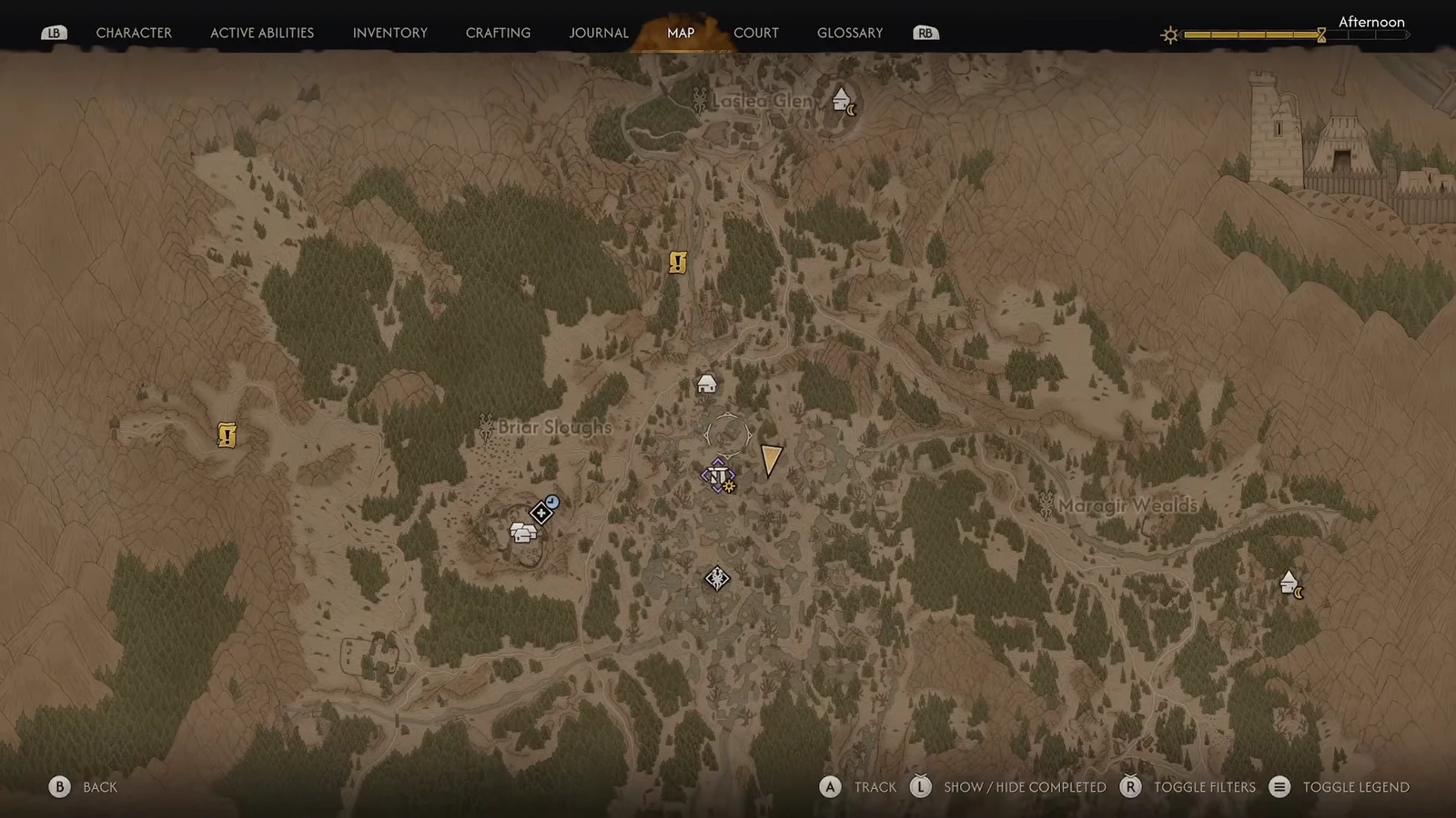 Overworld map around Briar Sloughs with a purple objective marker placed near the centre