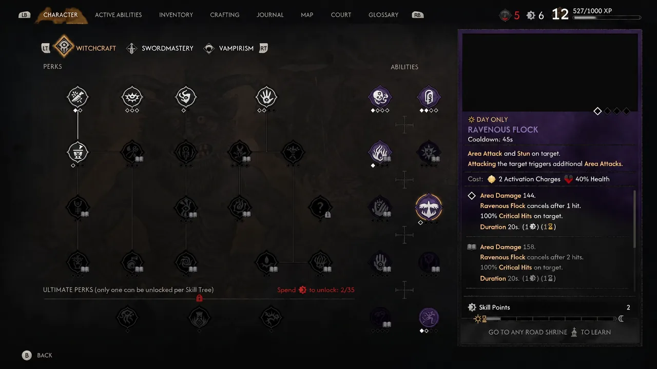 Witchcraft tab highlighting Ravenous Flock with its area attack description and skill point cost