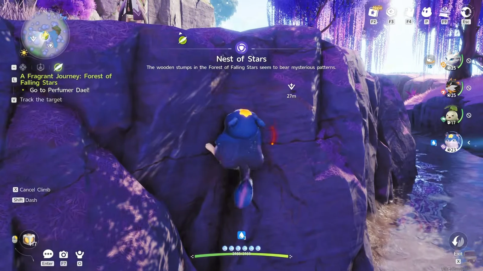 Climbing a rock wall toward the Nest of Stars waypoint marked 27m away