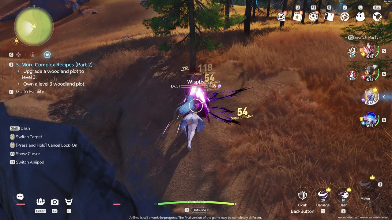 Gameplay screen showing a story quest step while the character attacks a targeted Wisp in the field