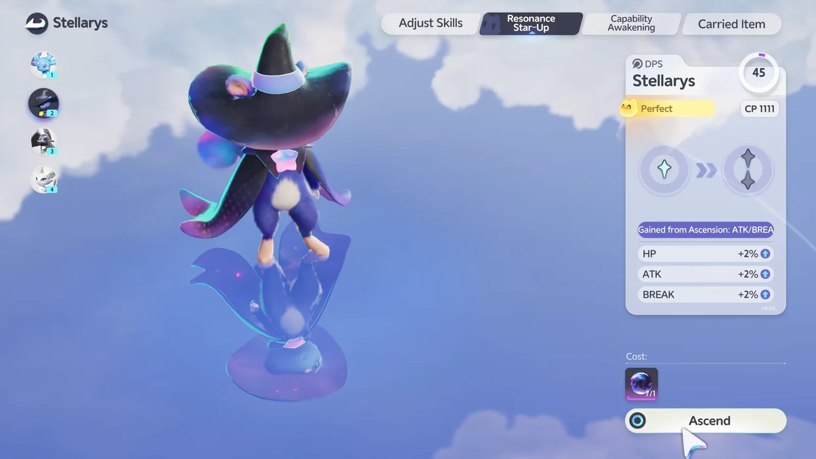 Resonance Star-Up screen for Stellarys with the Ascend button highlighted and the required item shown