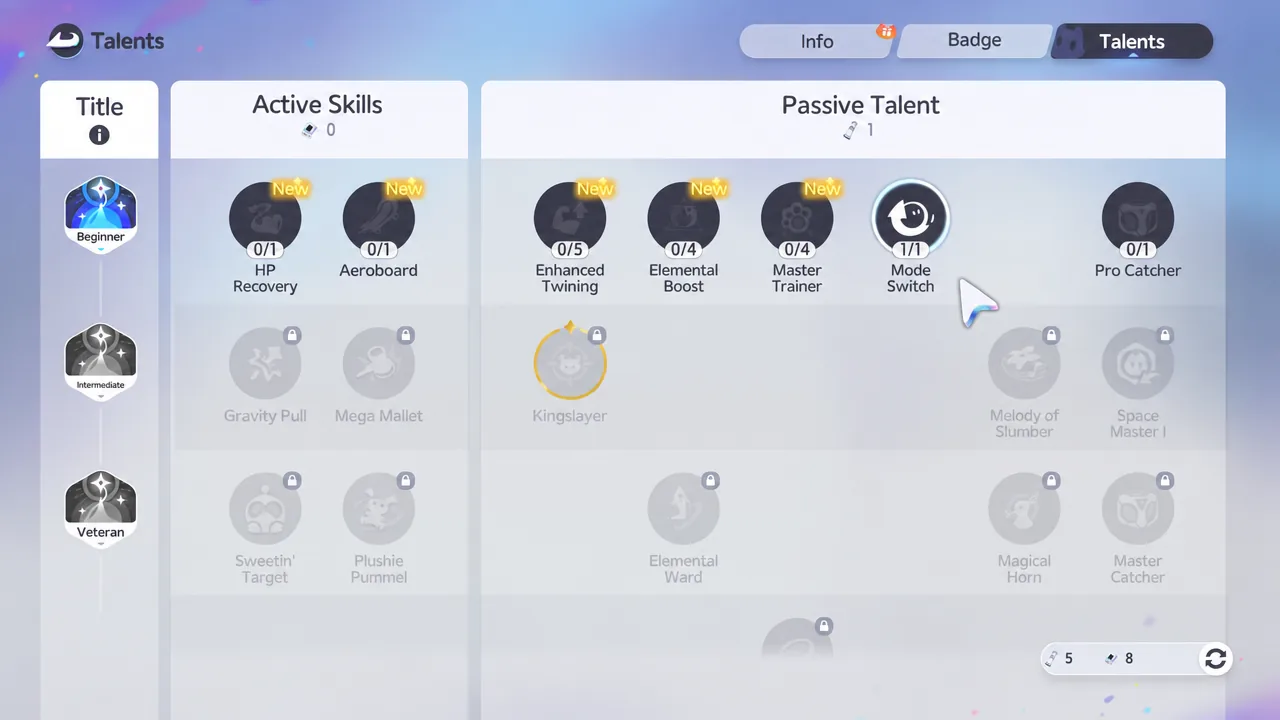 Talents menu with the Passive Talent Mode Switch highlighted for Catch, Attack and Defensive modes