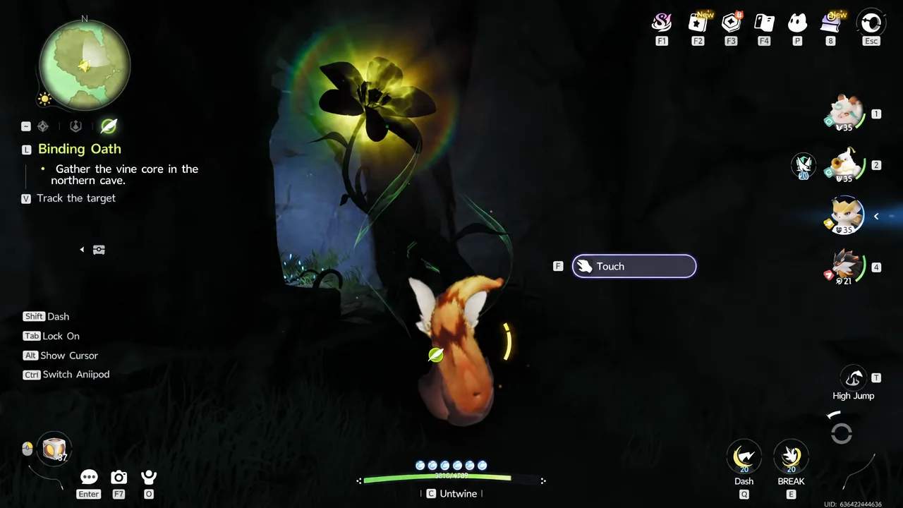 Character touching the glowing vine core deep inside the northern Mistwoods cave