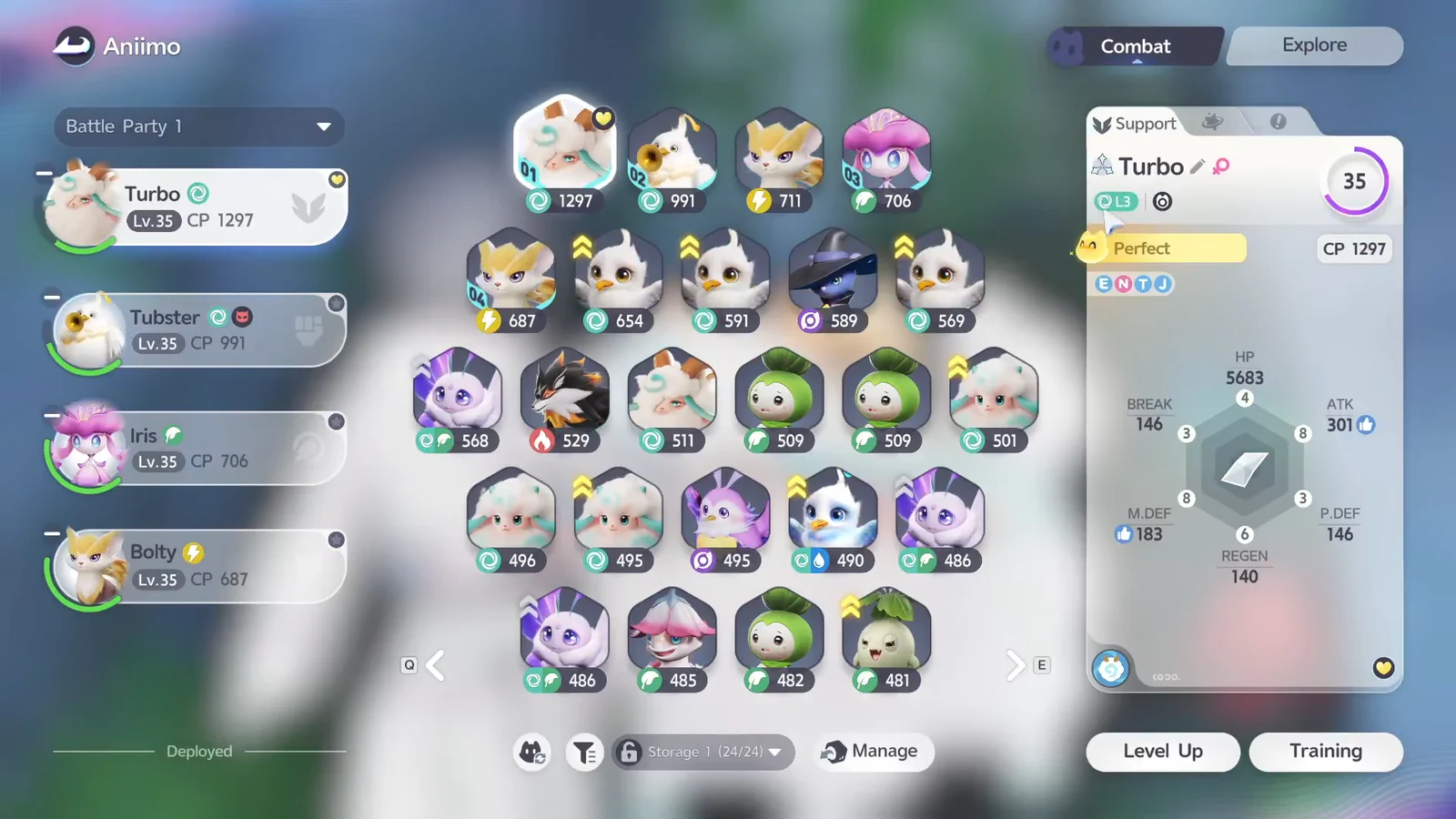 Aniimo combat menu with a creature selected in Battle Party 1 and Level Up and Training options