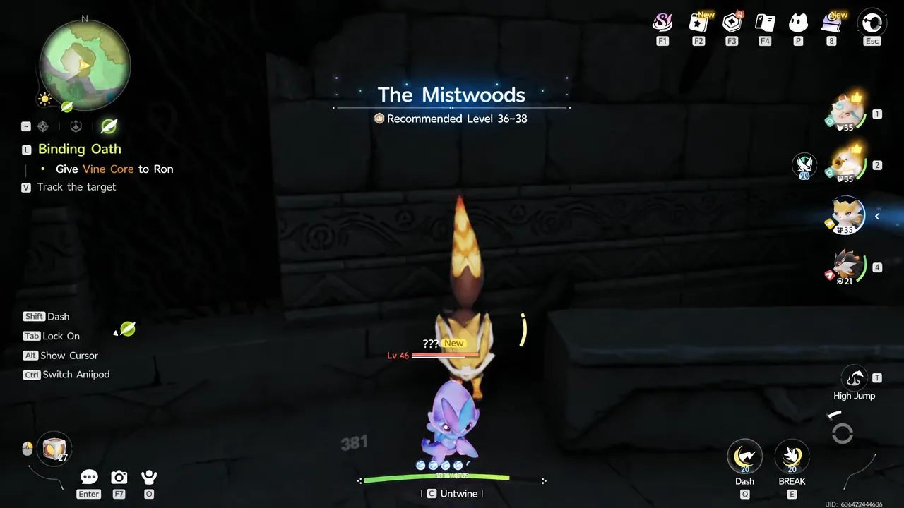Fighting a level 46 Wisptis in the cave with the Give Vine Core to Ron objective on screen