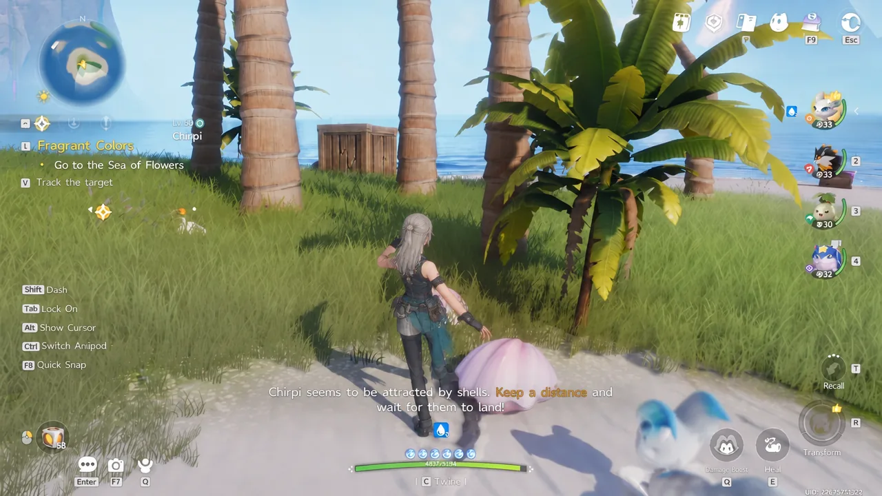 A Chirpi hovering by a shell on the shoreline with the on-screen quest marker active