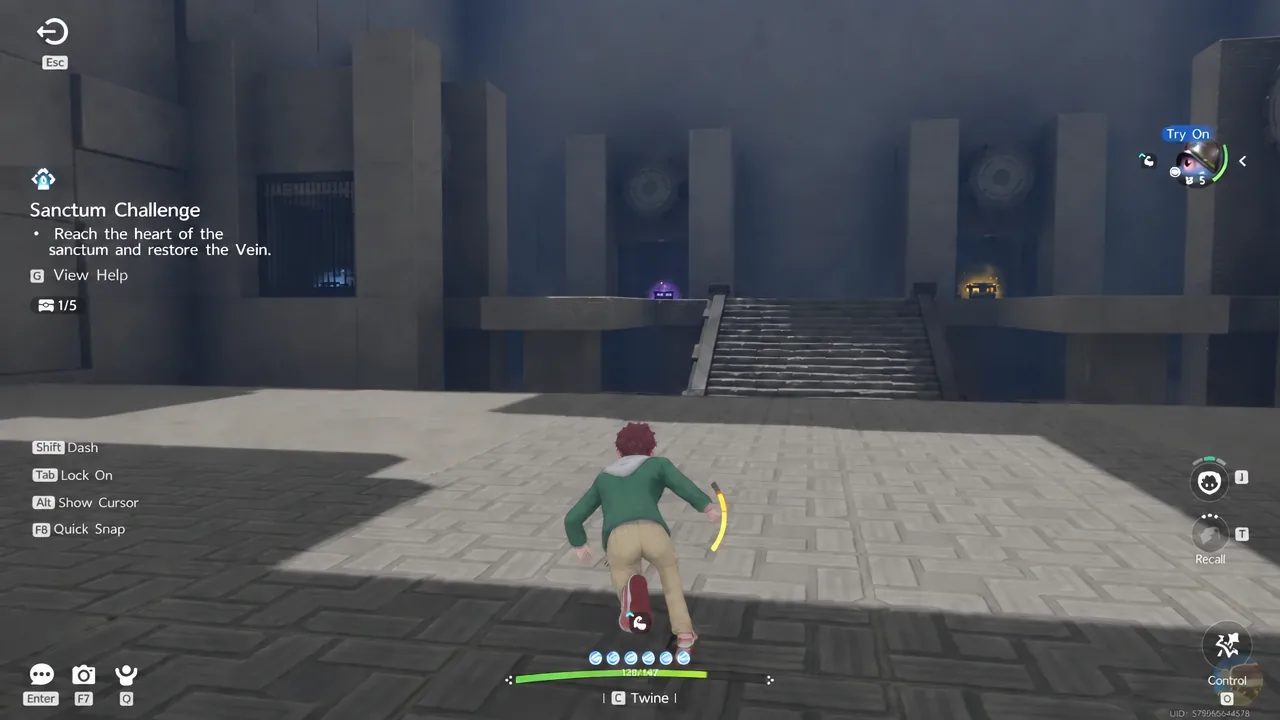 Player heading up the interior stairs toward the upper chest alcoves with the Sanctum objective on screen