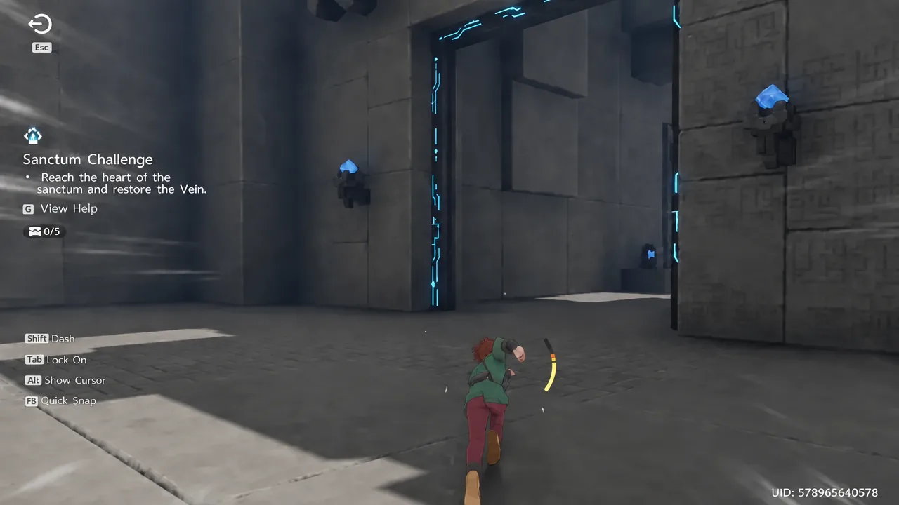 Player awakening the purple helmet-shaped Animo statue past the first gate in the Sanctum