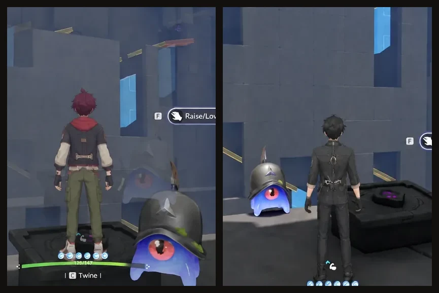 Side-by-side view of the Raise/Lower Ram interaction prompt with the ram platform set to two different heights
